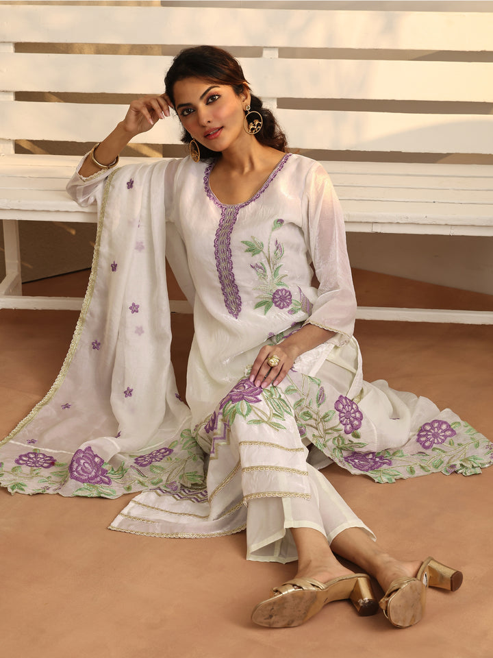 White Embroidered Organza Straight Suit Set With Dupatta