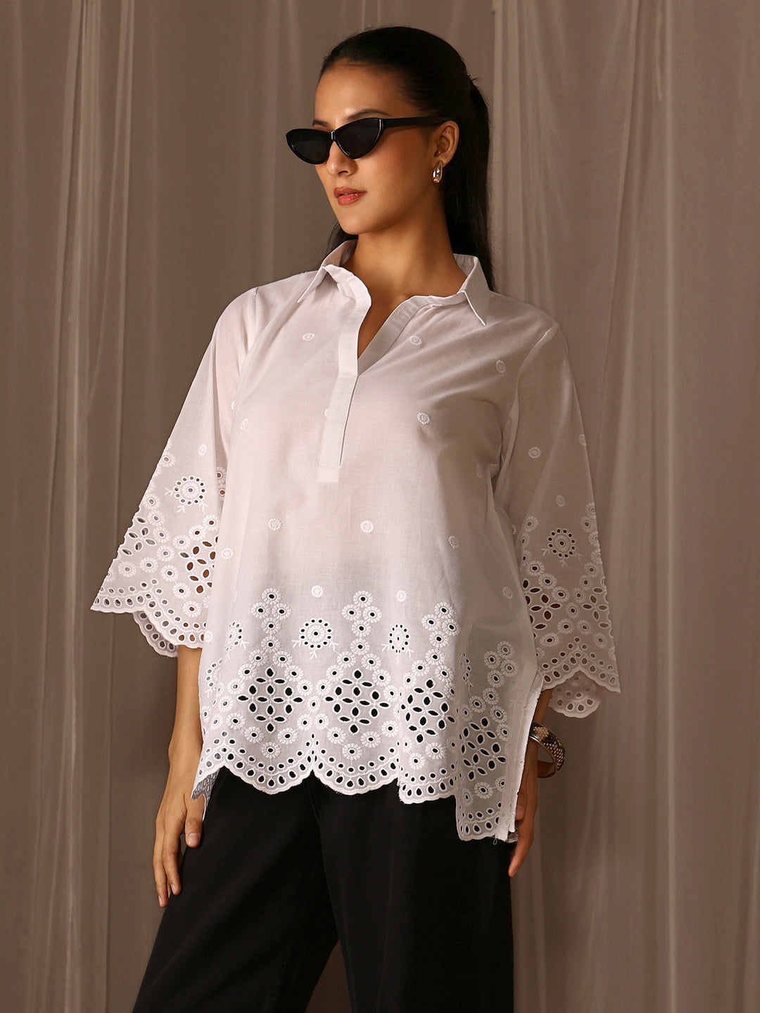 White Ethnic Motifs Embroidered Cotton Blend Straight Short Kurti