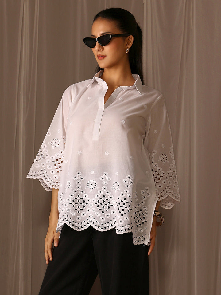 White Ethnic Motifs Embroidered Cotton Blend Straight Short Kurti
