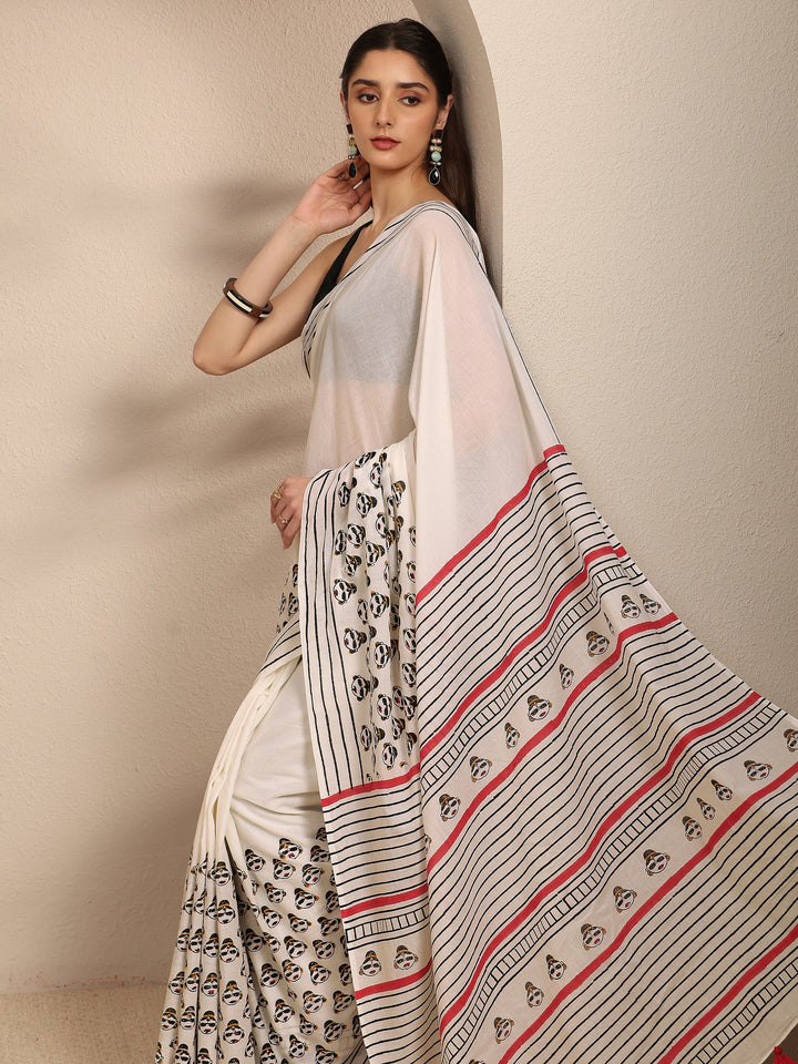 White Ethnic Motifs Printed Cotton Blend Saree With Unstitched Blouse Piece
