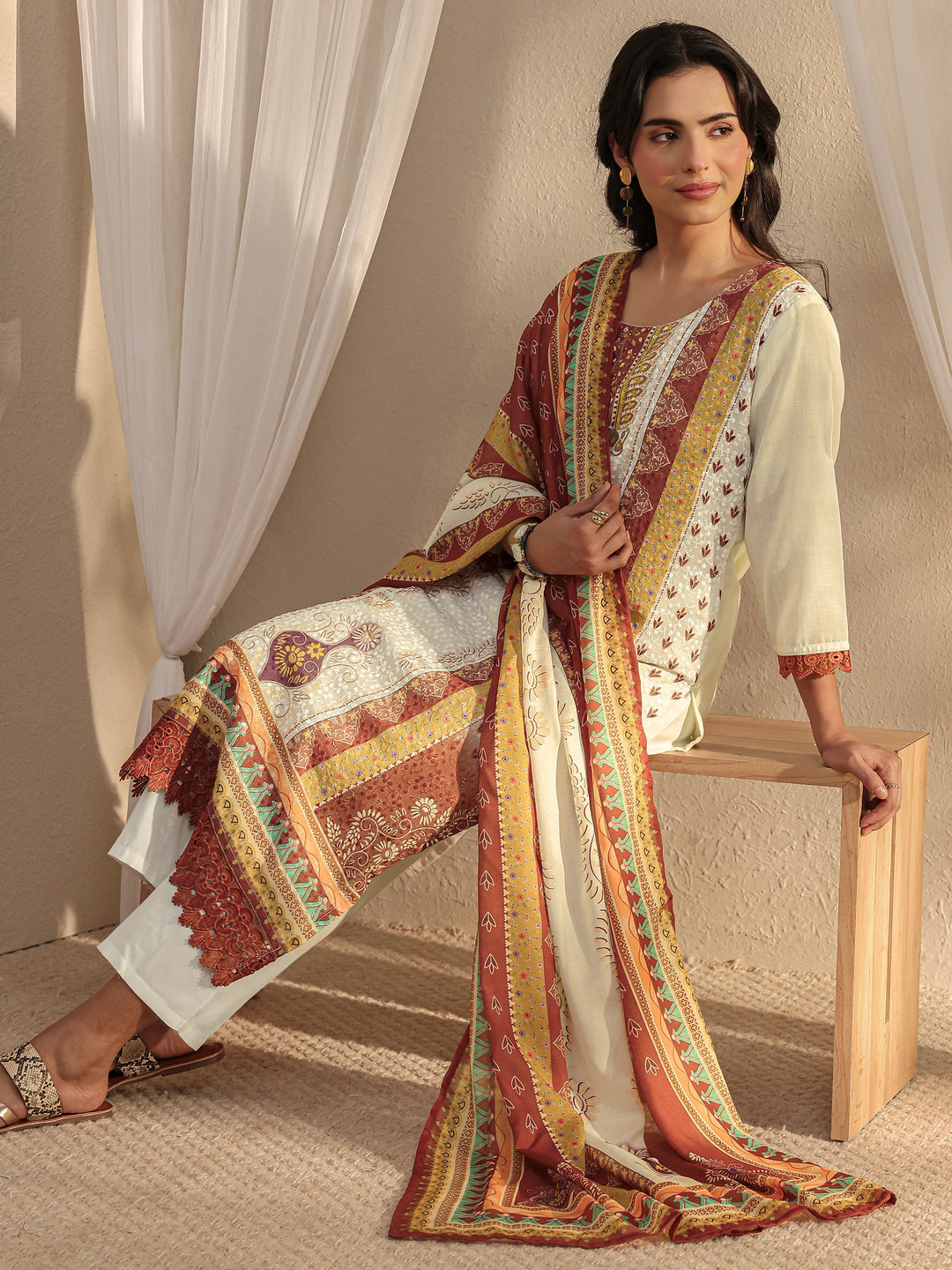 White Ethnic Printed Cotton Blend Straight Suit Set With Dupatta