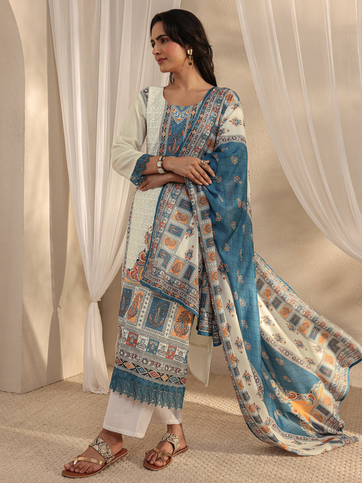 White Ethnic Printed Cotton Blend Straight Suit Set With Dupatta