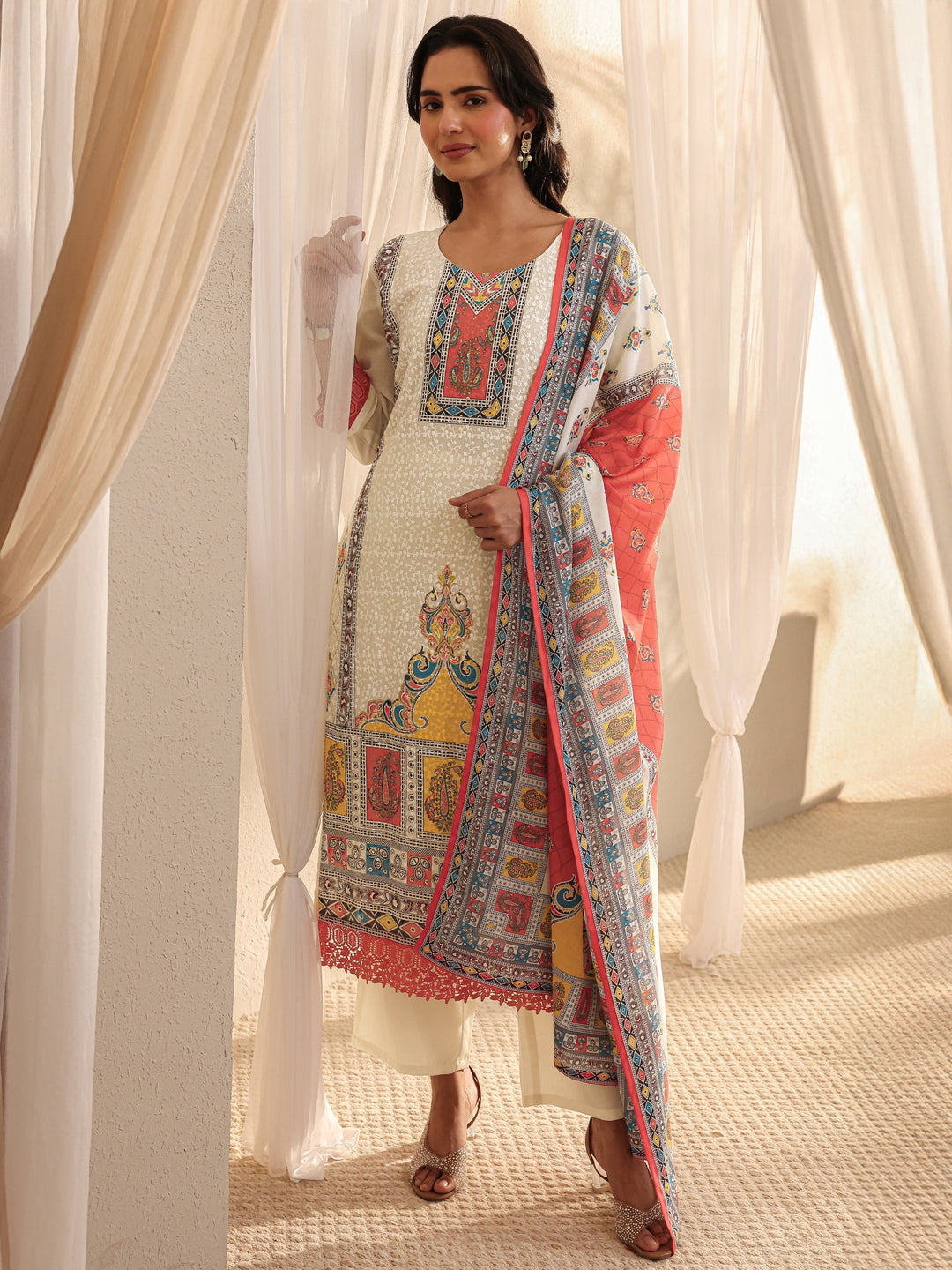 White Ethnic Printed Cotton Blend Straight Suit Set With Dupatta