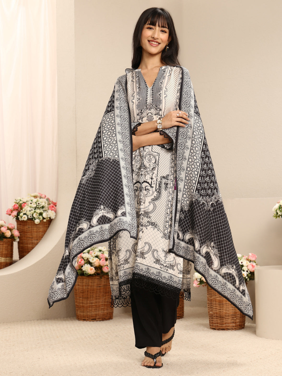 White Ethnic Printed Muslin Straight Suit Set With Dupatta