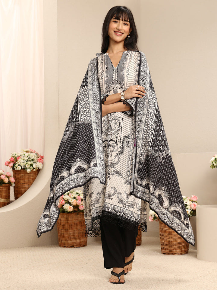 White Ethnic Printed Muslin Straight Suit Set With Dupatta