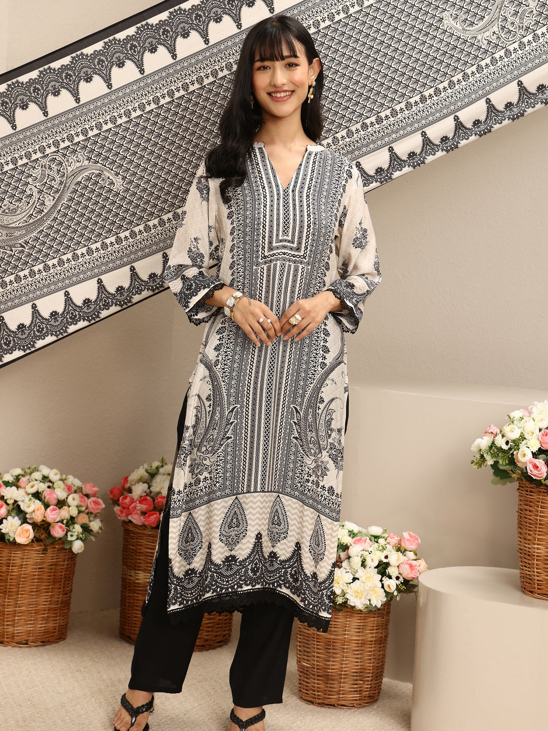 White Ethnic Printed Muslin Straight Suit Set With Dupatta