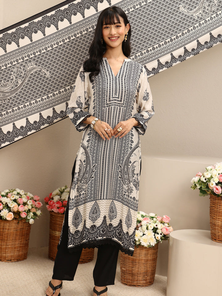 White Ethnic Printed Muslin Straight Suit Set With Dupatta