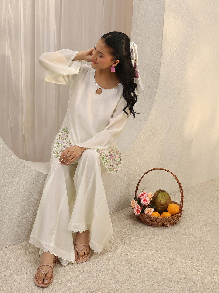 White Floral Embroidered Chanderi Silk Co-Ord Set