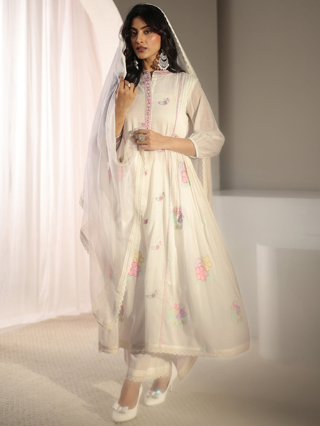 White Floral Embroidered Cotton Blend A-Line Suit Set With Dupatta