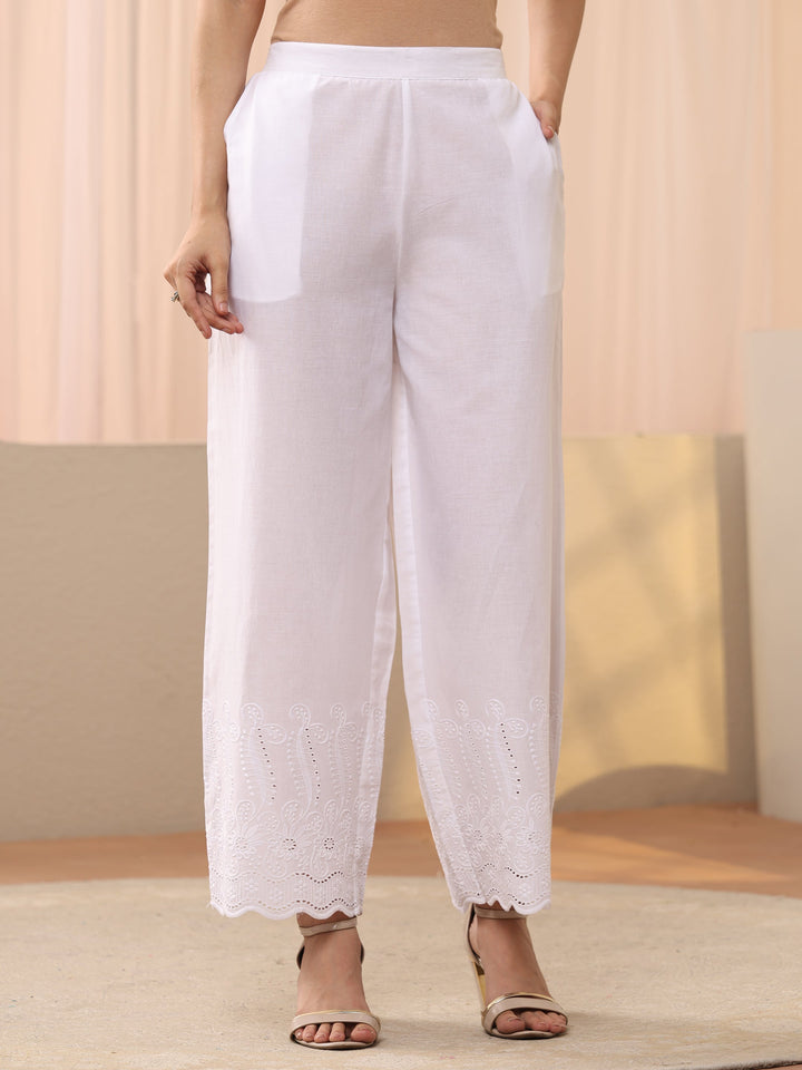 White Floral Embroidered Cotton Trouser