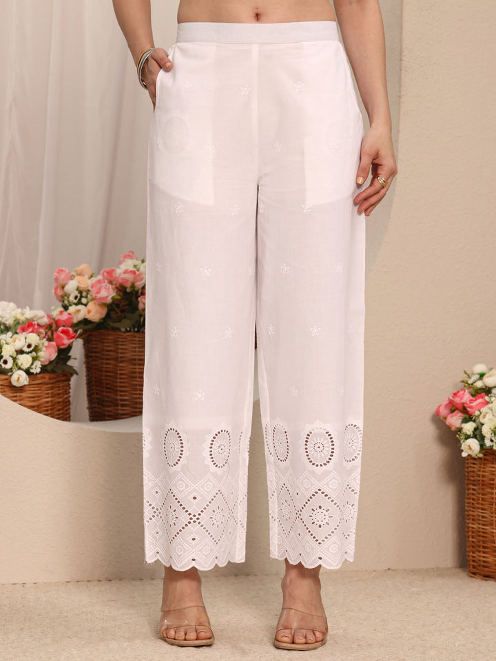 White Floral Embroidered Schiffli Design Cotton Palazzo