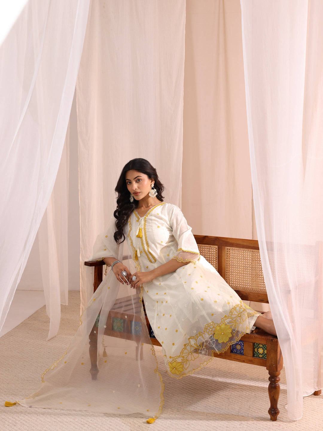 White Floral Embroidered Silk Blend A-Line Suit Set