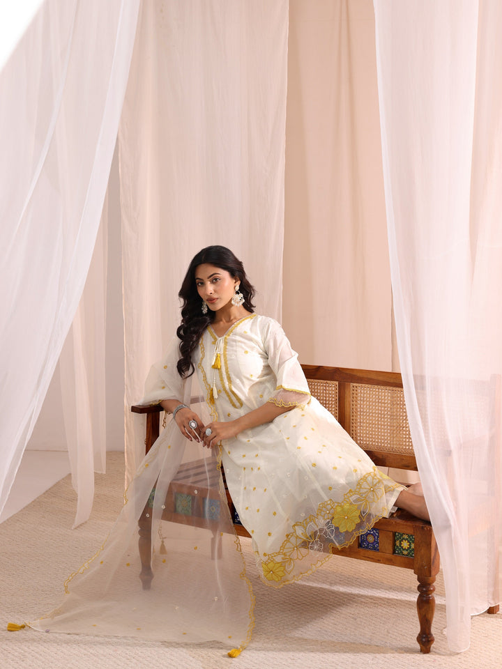 Libas White Floral Embroidered Silk Blend A-Line Suit Set