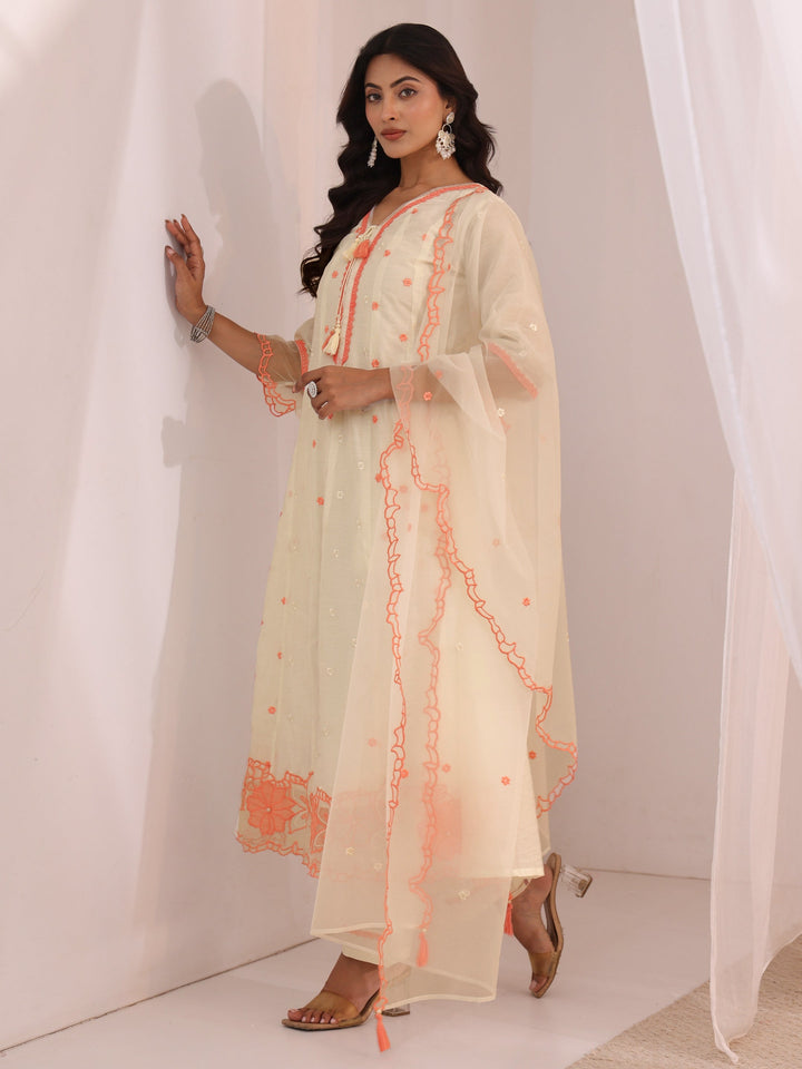 Libas White Floral Embroidered Silk Blend A-Line Suit Set