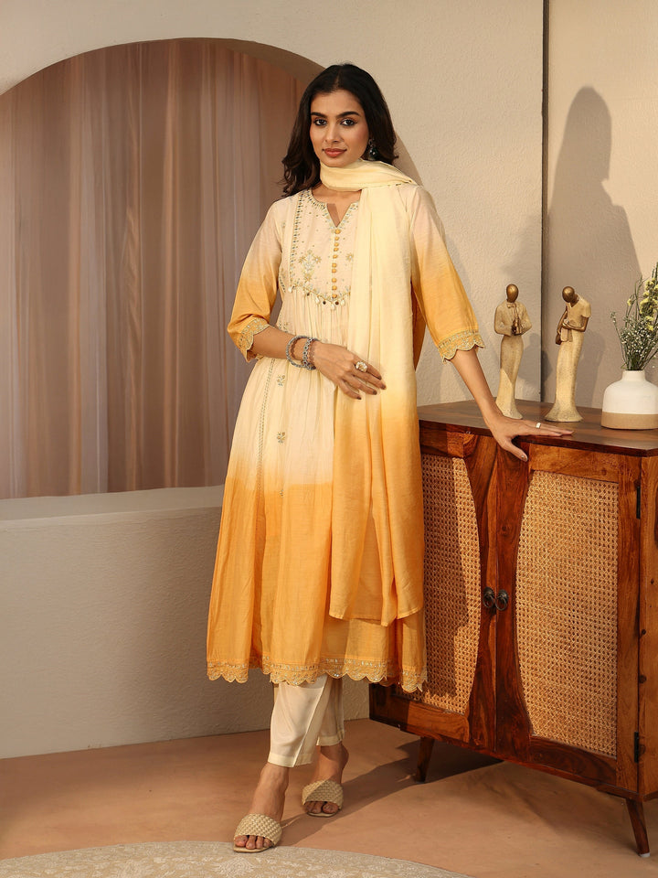 White Floral Embroidered Silk blend Straight Suit Set