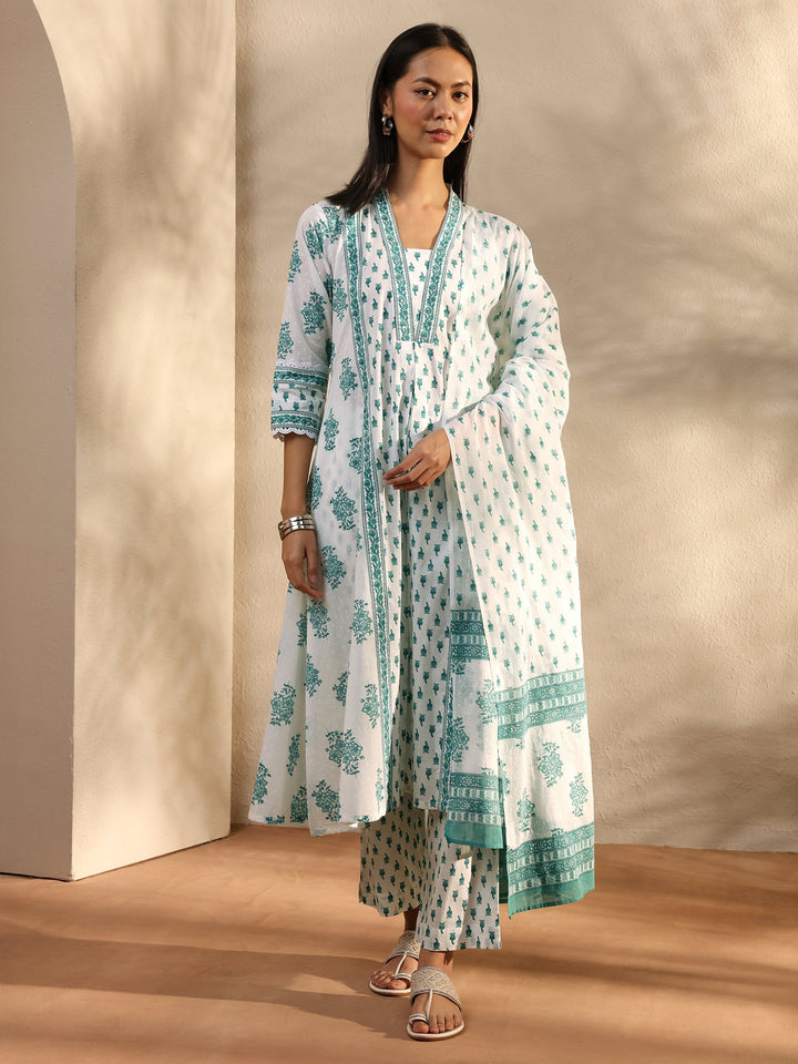 White Floral Printed Cotton A-Line Suit Set With Dupatta