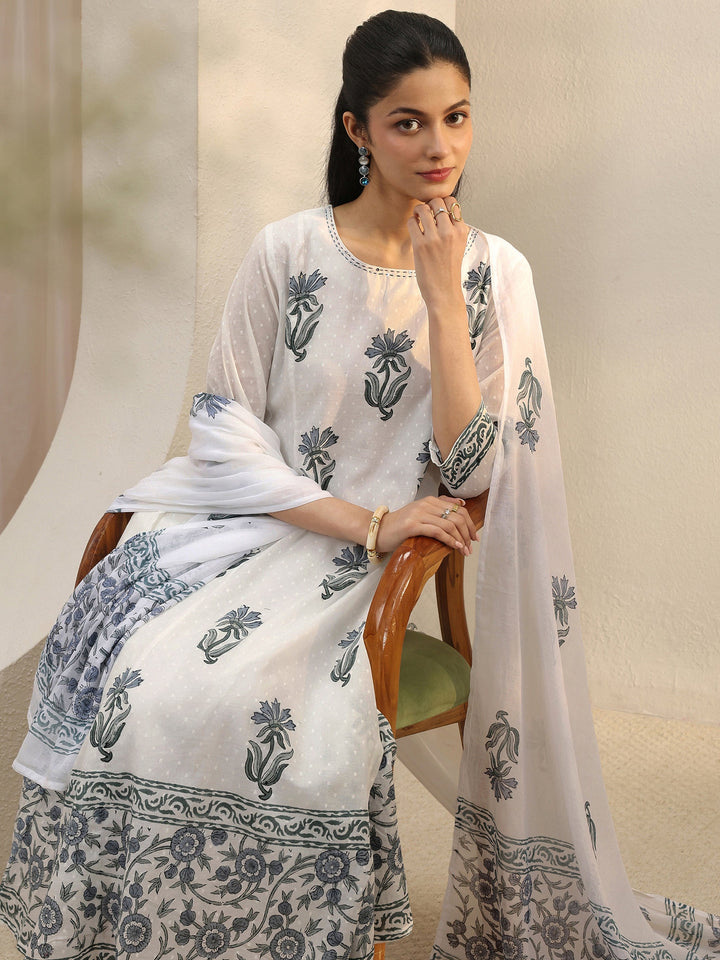 White Floral Printed Cotton Anarkali Suit Set