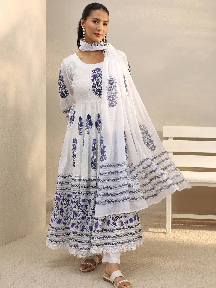 White Floral Printed Cotton Anarkali Suit Set