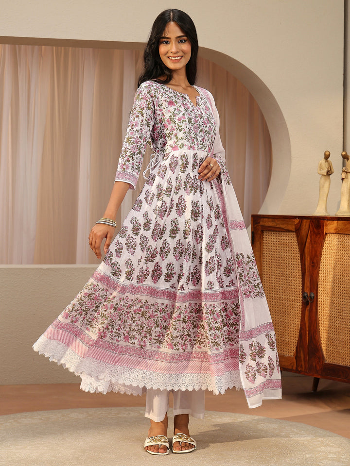 White Floral Printed Cotton Anarkali Suit Set