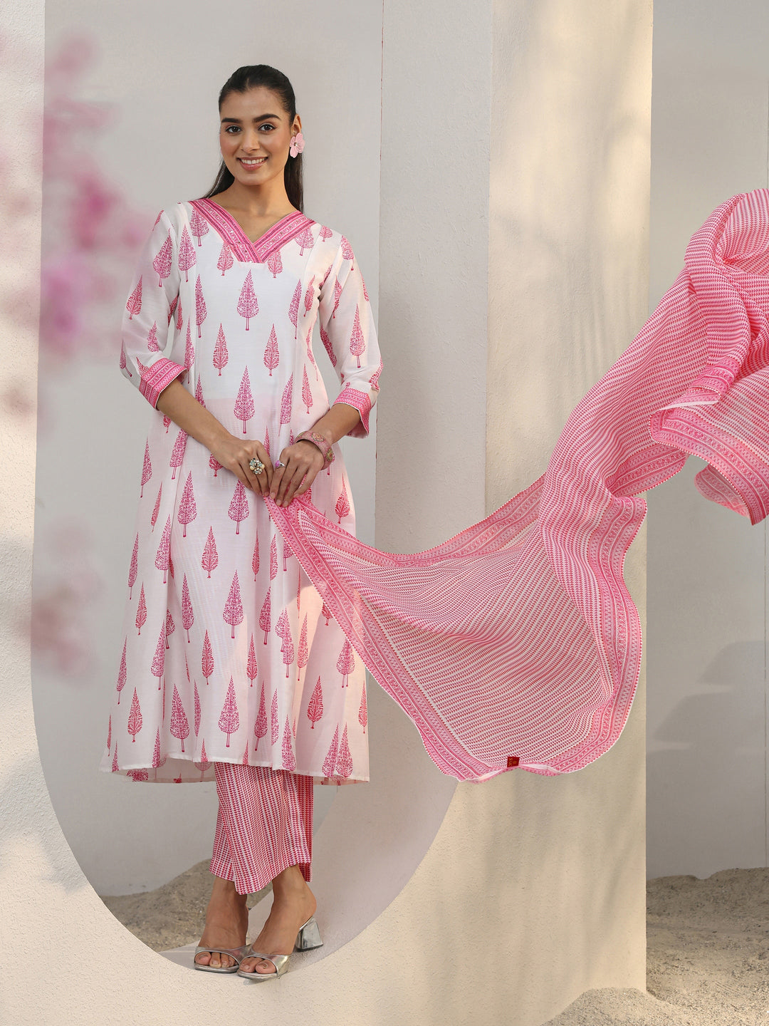 White Floral Printed Cotton Blend A-Line Suit Set With Dupatta