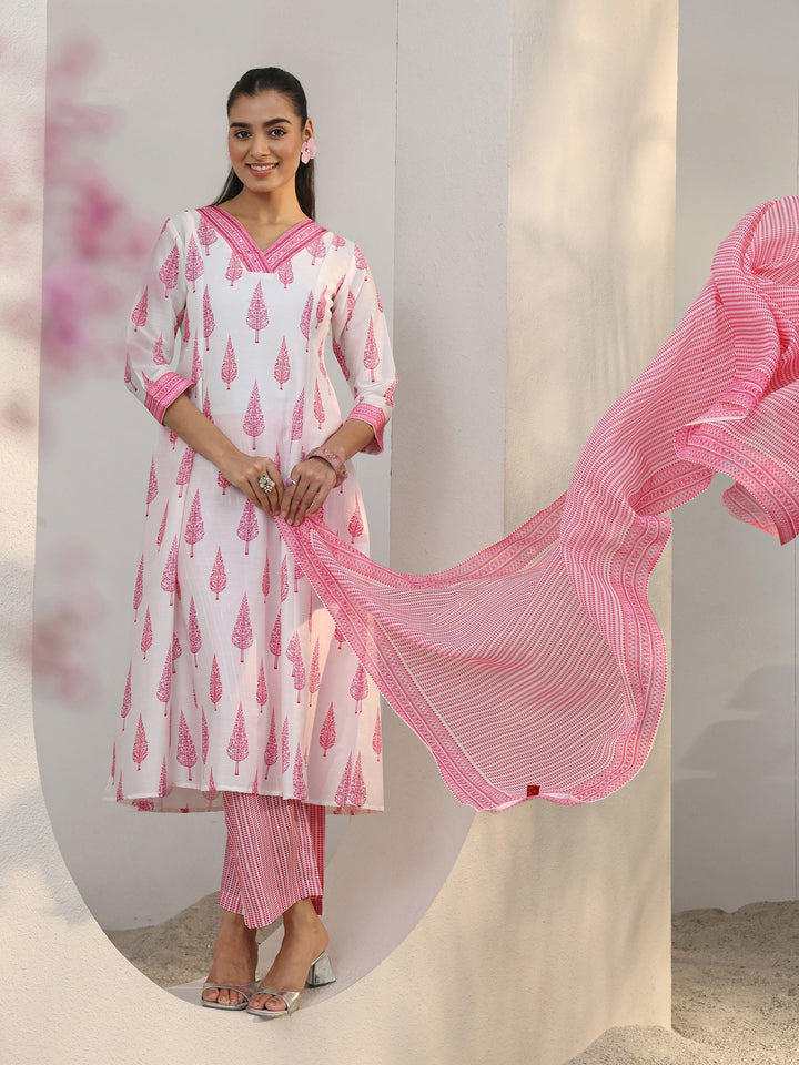 White Floral Printed Cotton Blend A-Line Suit Set With Dupatta