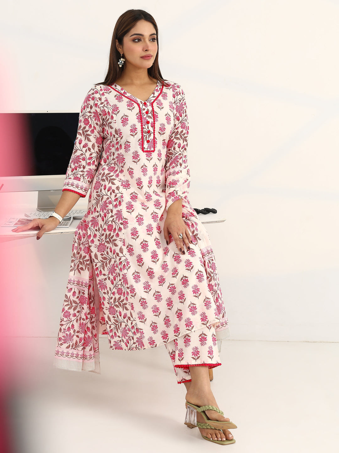 White Floral Printed Cotton Blend A-Line Suit Set With Dupatta