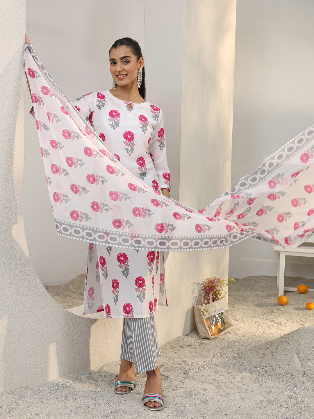 White Floral Printed Cotton Blend Straight Suit Set With Dupatta