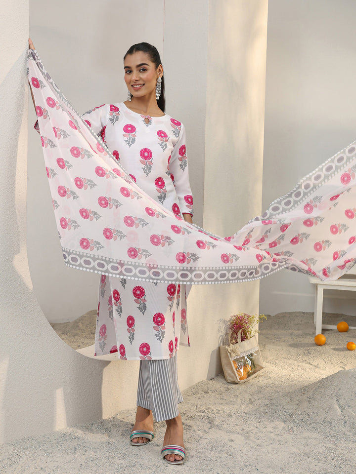 White Floral Printed Cotton Blend Straight Suit Set With Dupatta