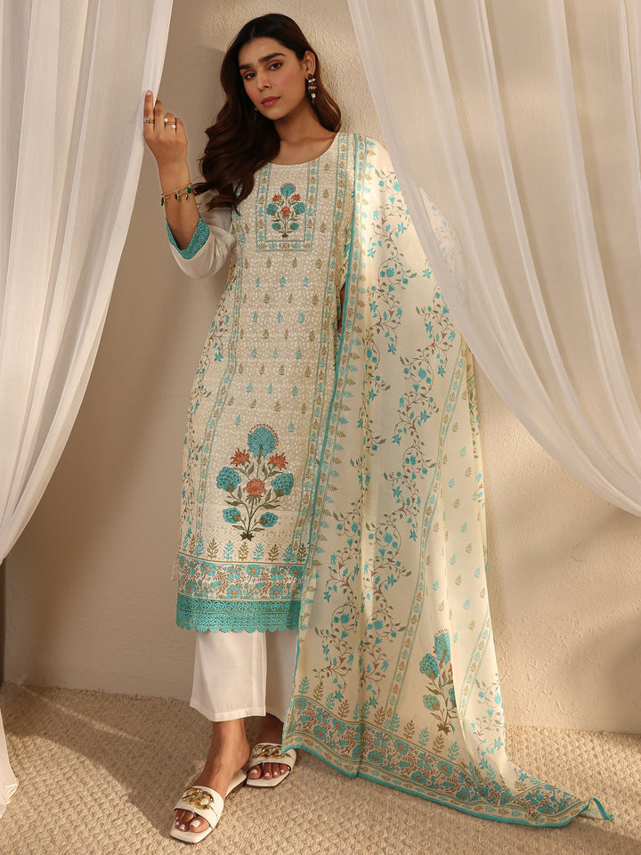White Floral Printed Cotton Blend Straight Suit Set With Dupatta