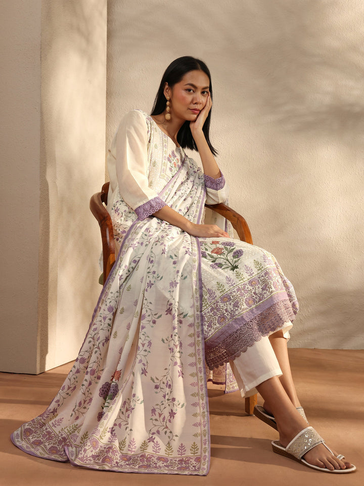 White Floral Printed Cotton Blend Straight Suit Set With Dupatta