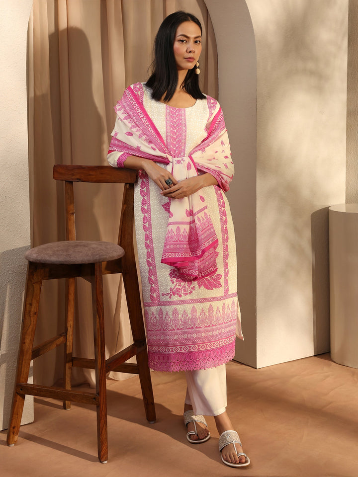 White Floral Printed Cotton Blend Straight Suit Set With Dupatta