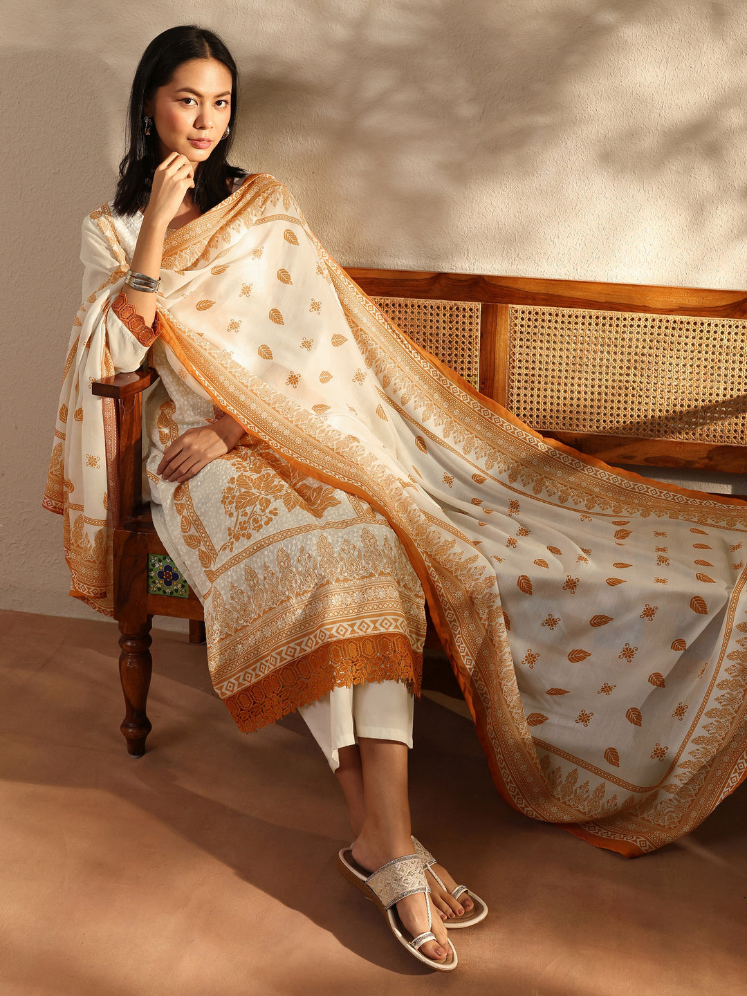 White Floral Printed Cotton Blend Straight Suit Set With Dupatta