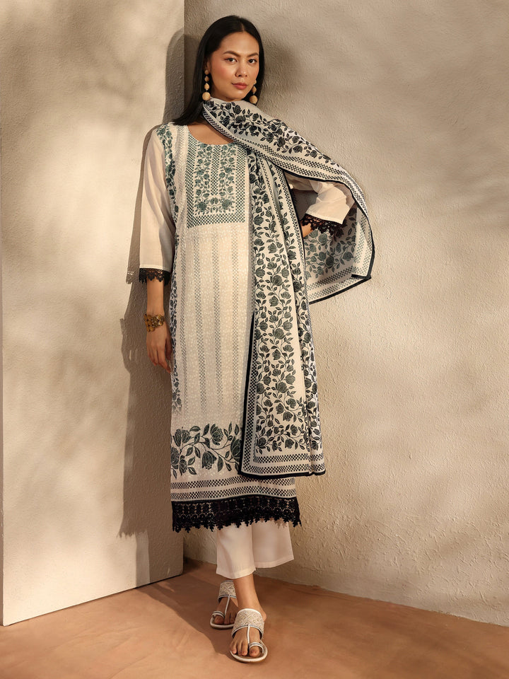 White Floral Printed Cotton Blend Straight Suit Set With Dupatta