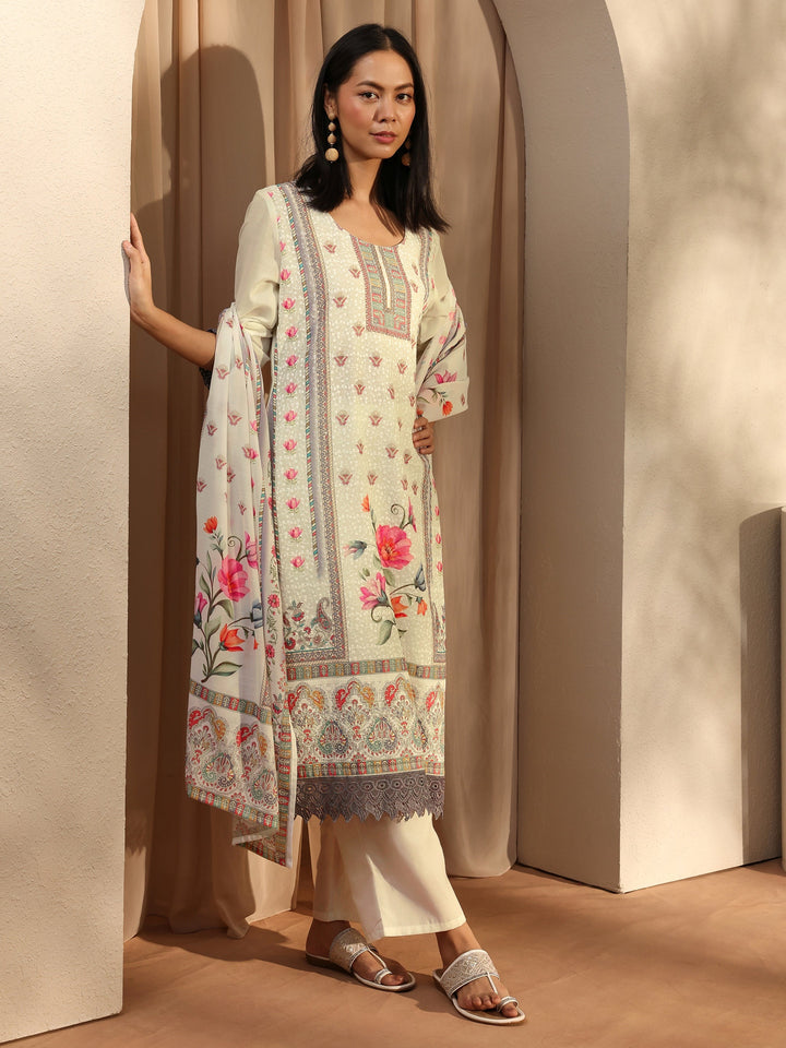 White Floral Printed Cotton Blend Straight Suit Set With Dupatta