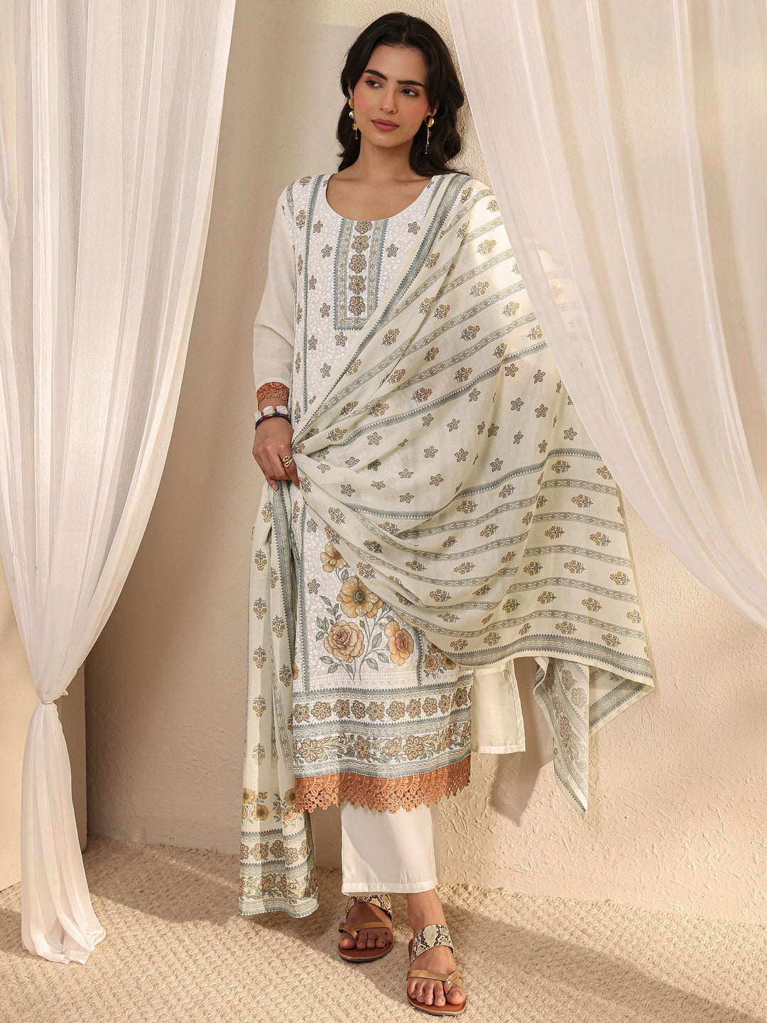 White Floral Printed Cotton Blend Straight Suit Set With Dupatta
