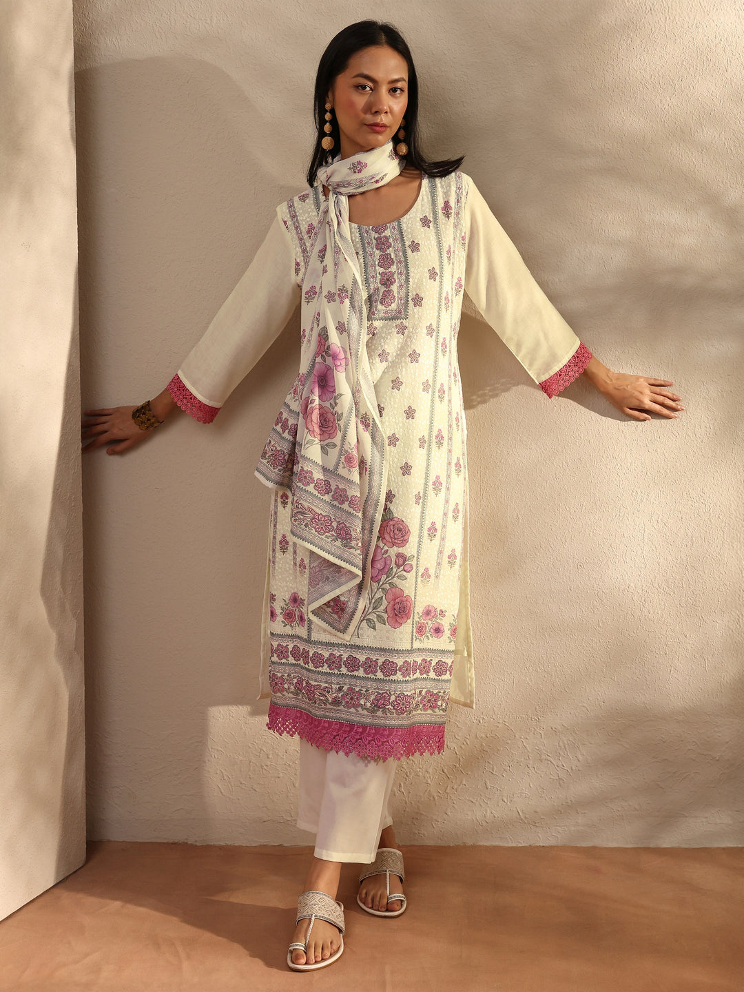 White Floral Printed Cotton Blend Straight Suit Set With Dupatta