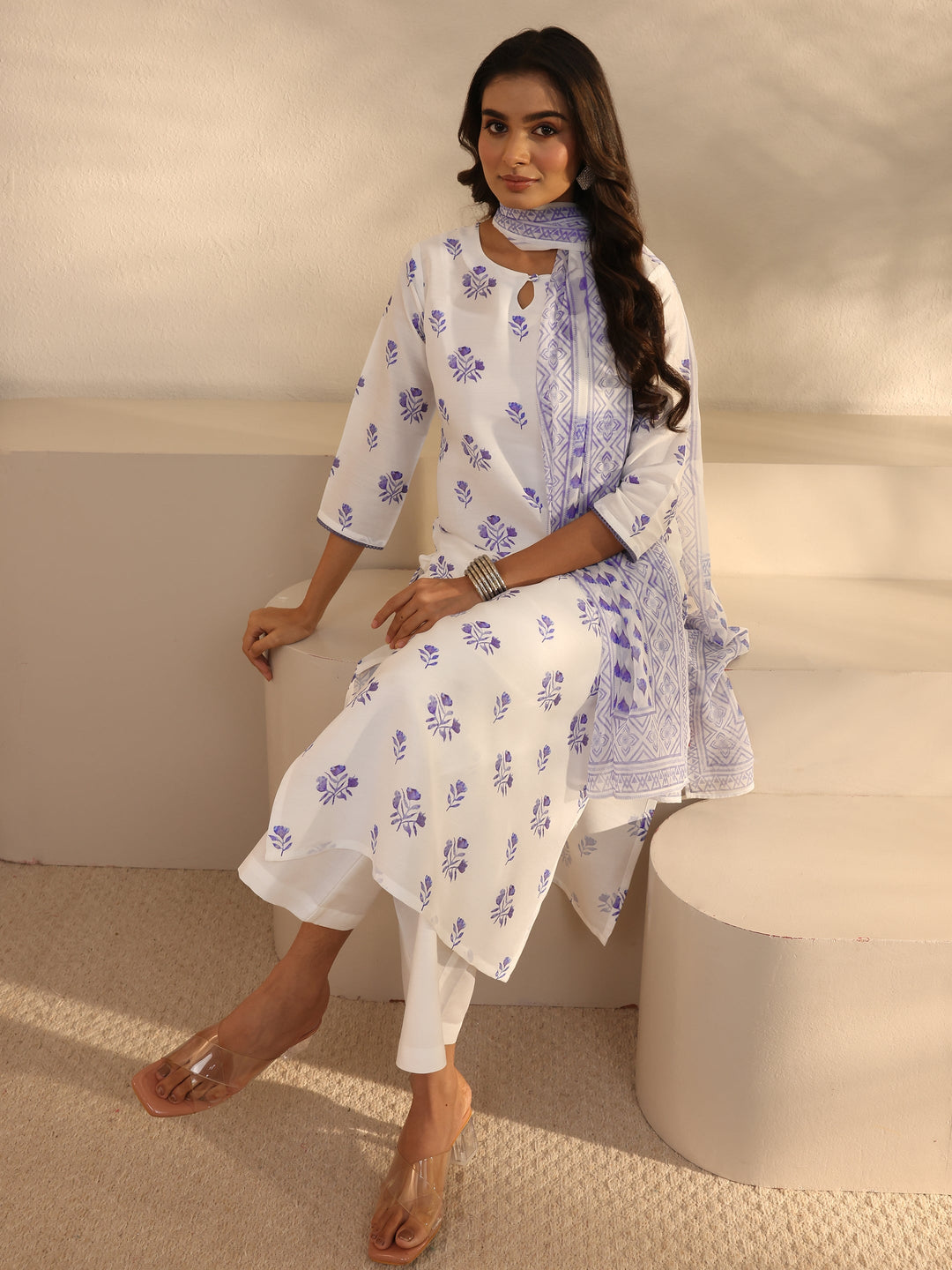 White Floral Printed Cotton Blend Straight Suits Set With Dupatta