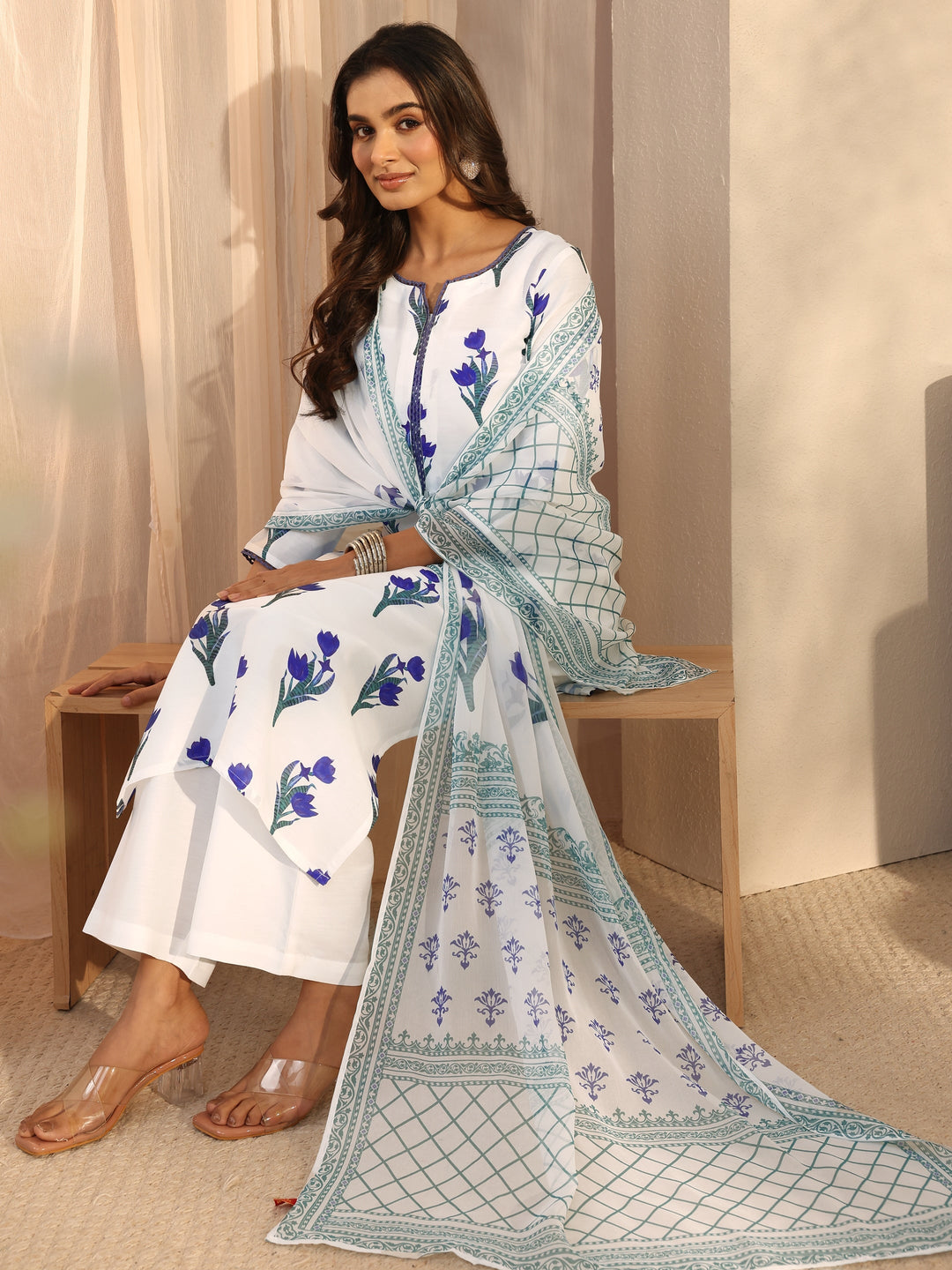 White Floral Printed Cotton Blend Straight Suits Set With Dupatta