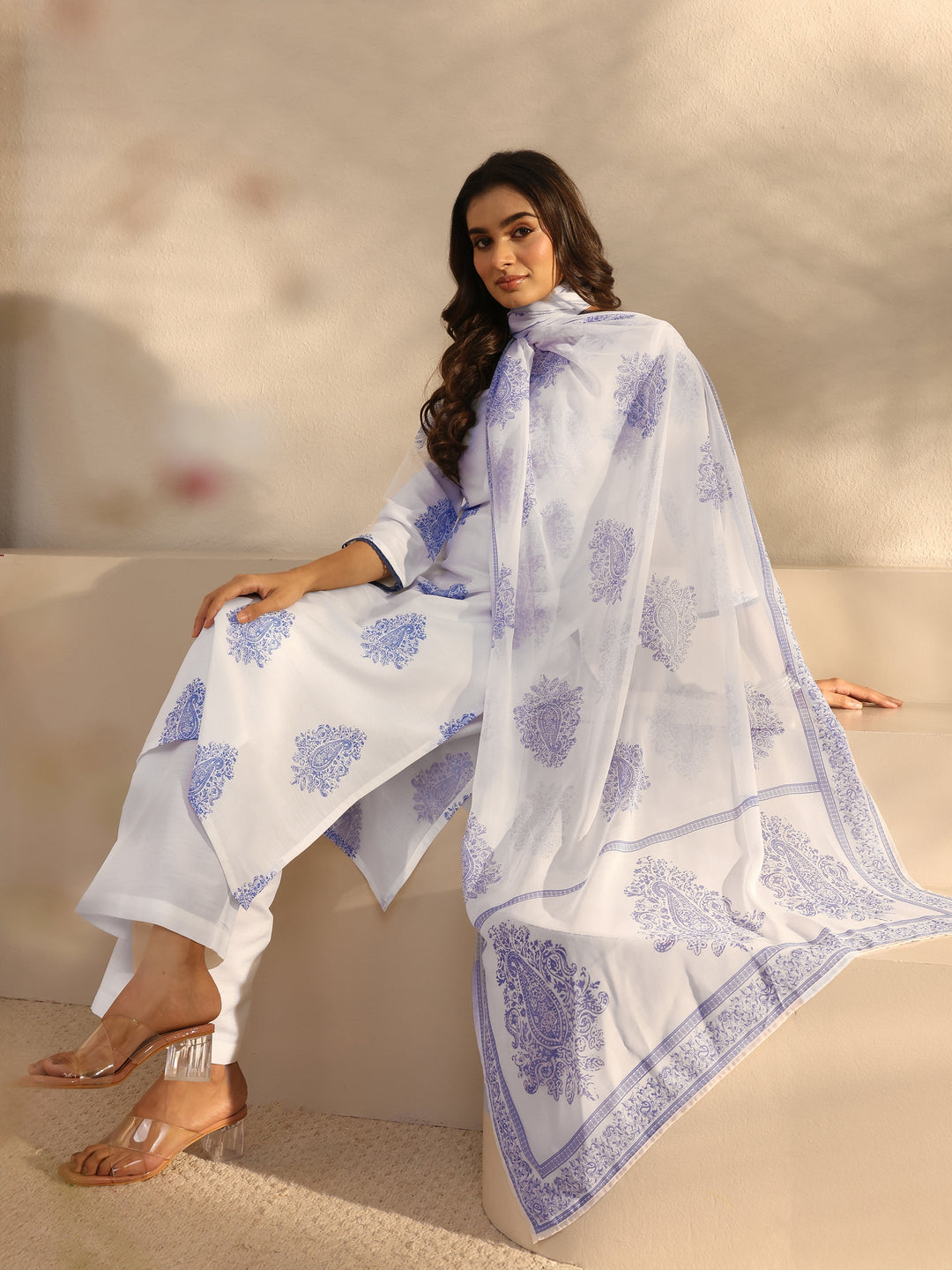 White Floral Printed Cotton Blend Straight Suits Set With Dupatta