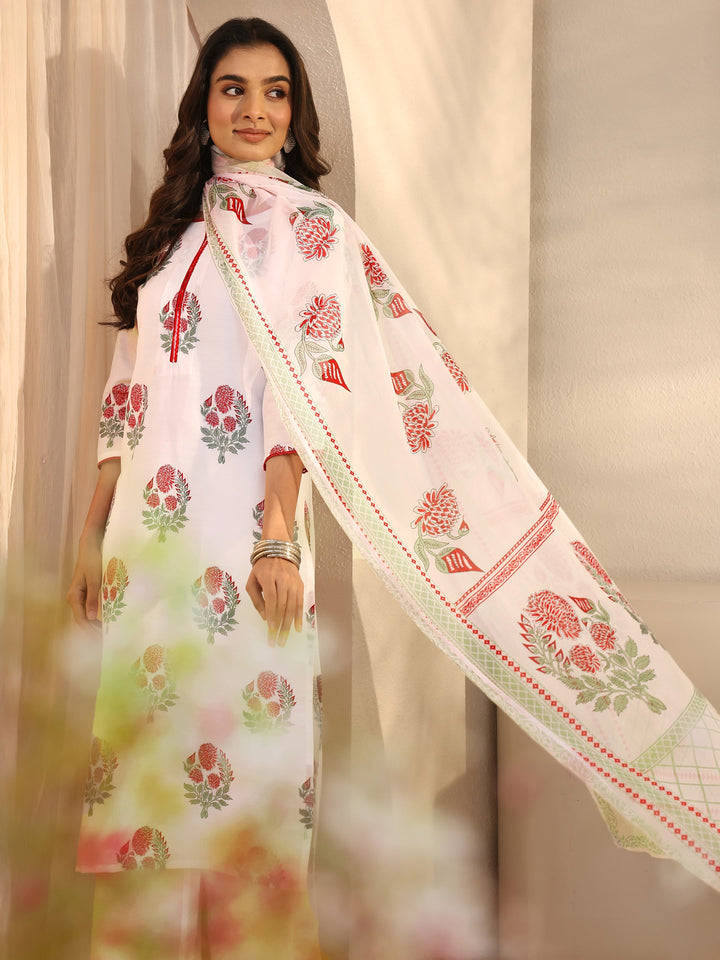 White Floral Printed Cotton Blend Straight Suits Set With Dupatta