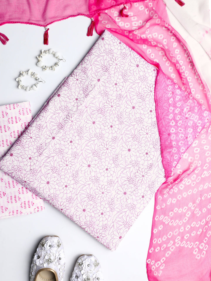 White Floral Printed Cotton Dress Material With Dupatta