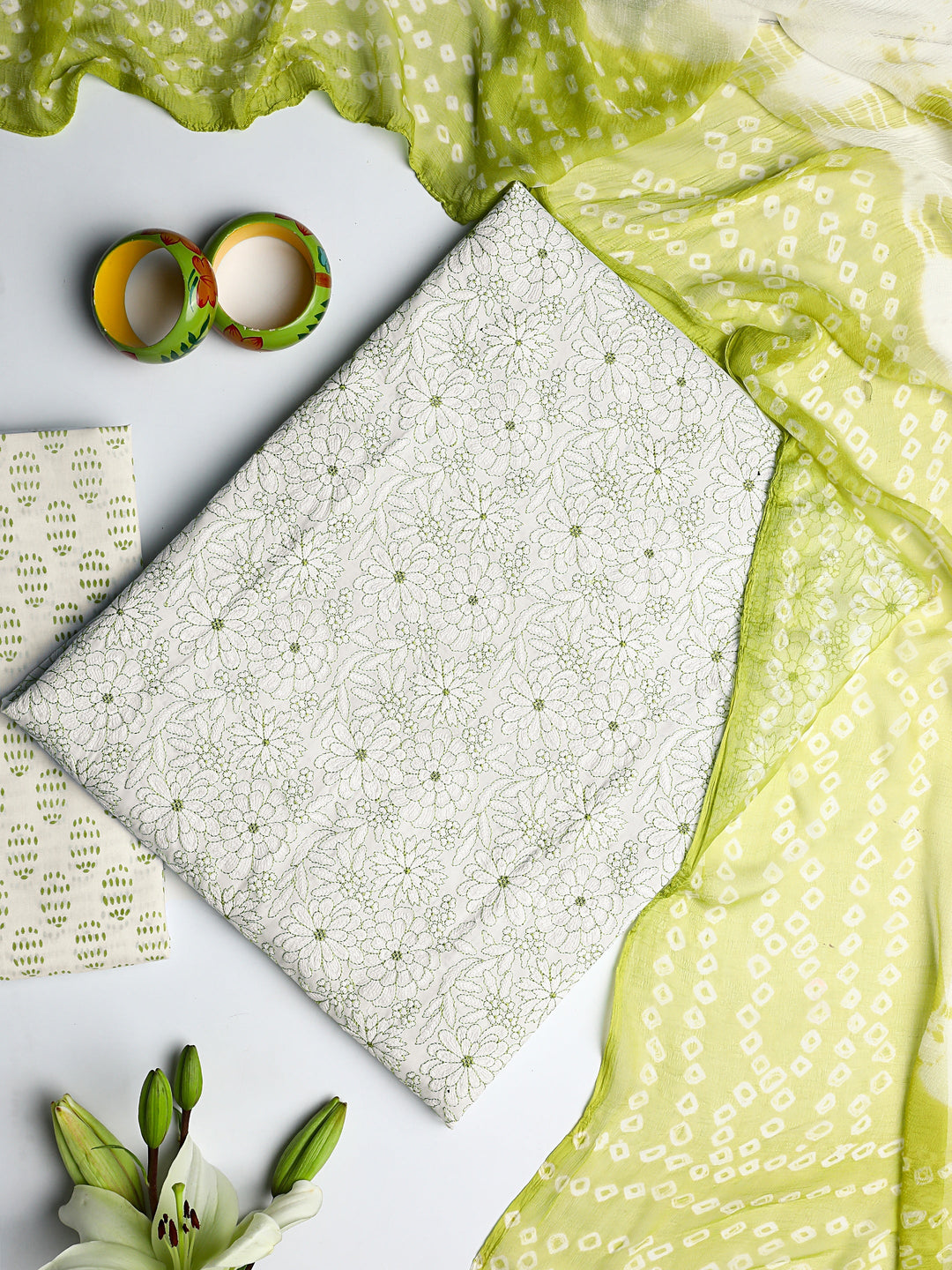 White Floral Printed Cotton Dress Material With Dupatta