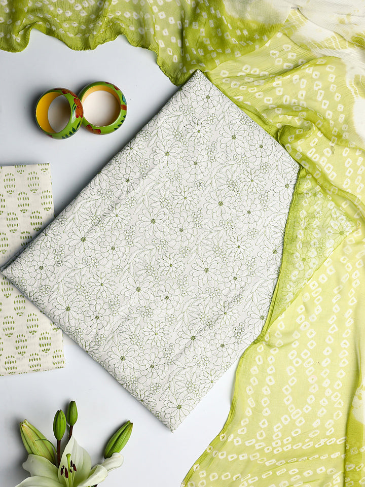 White Floral Printed Cotton Dress Material With Dupatta