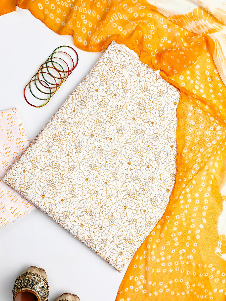 White Floral Printed Cotton Dress Material With Dupatta