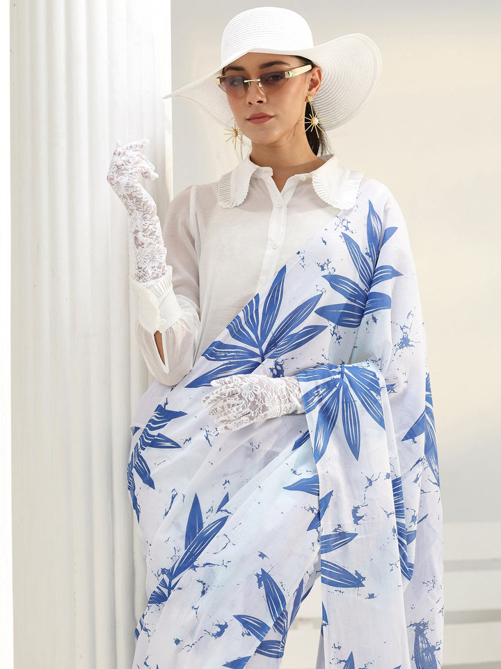 White Floral Printed Cotton saree