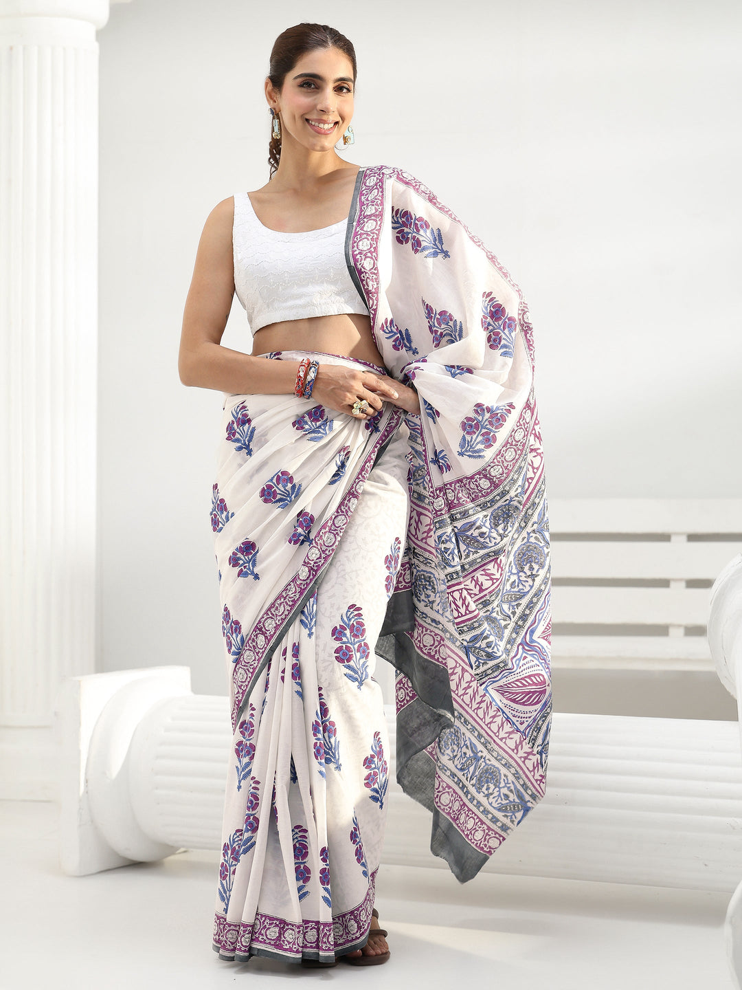 White Floral Sanganeri Print Cotton Saree