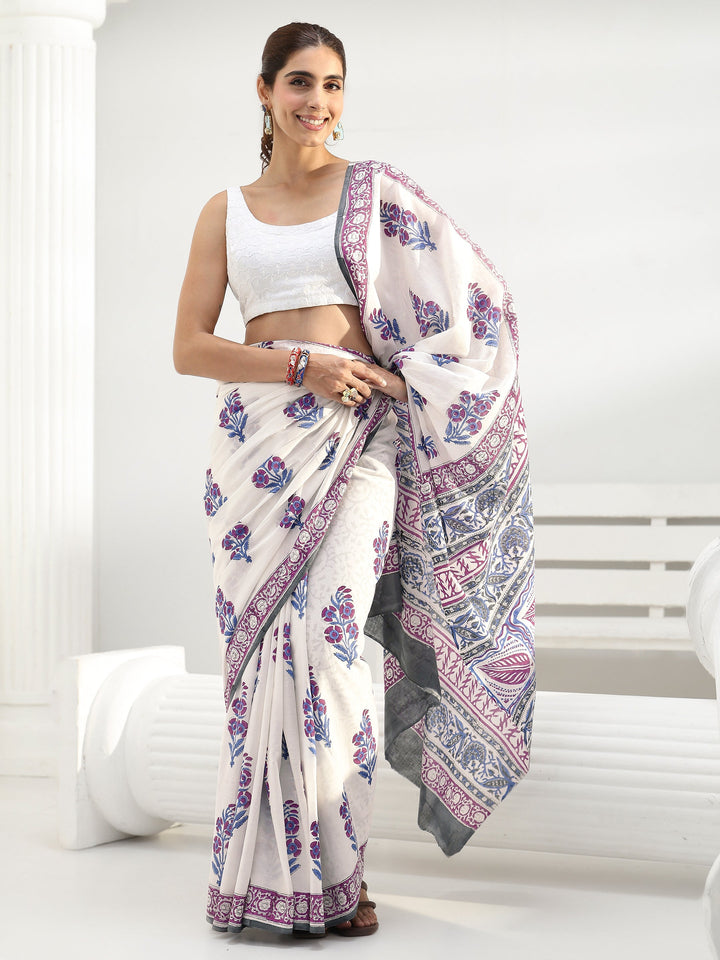 White Floral Sanganeri Print Cotton Saree