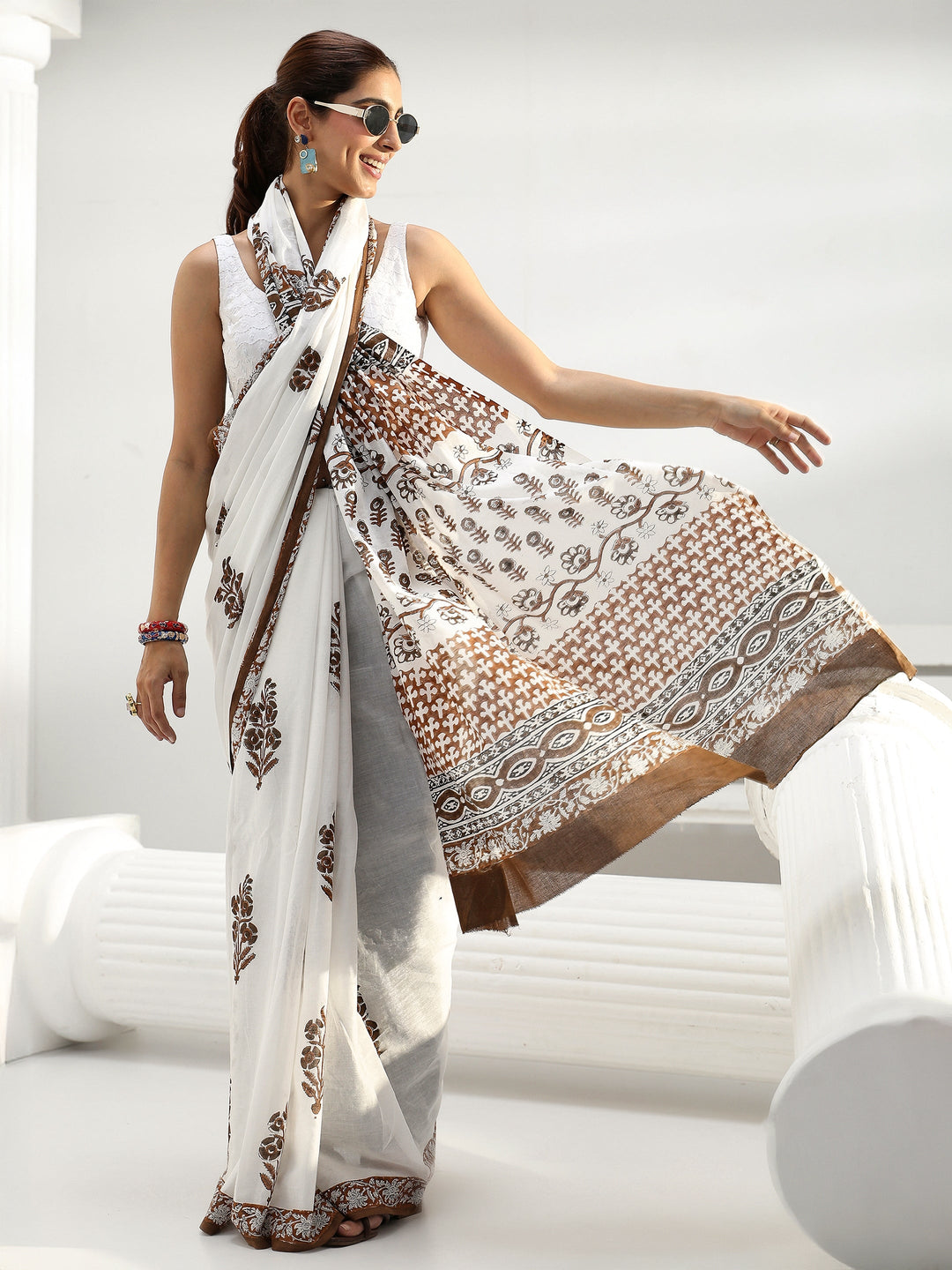 White Floral Sanganeri Print Cotton Saree