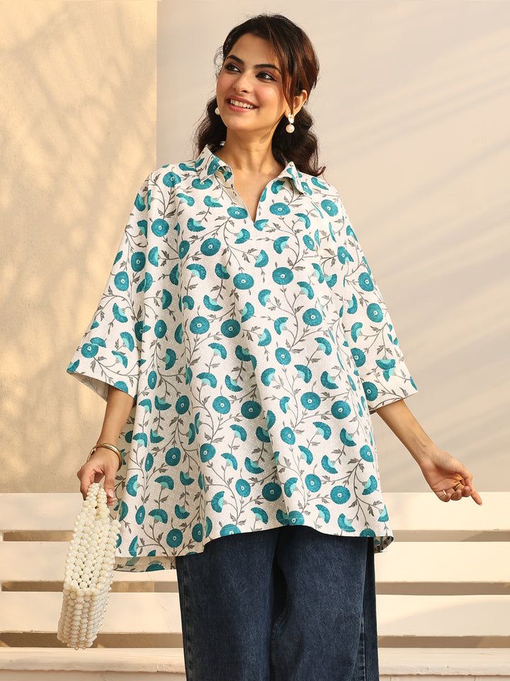 White Floral Printed Cotton Straight Short Kurti