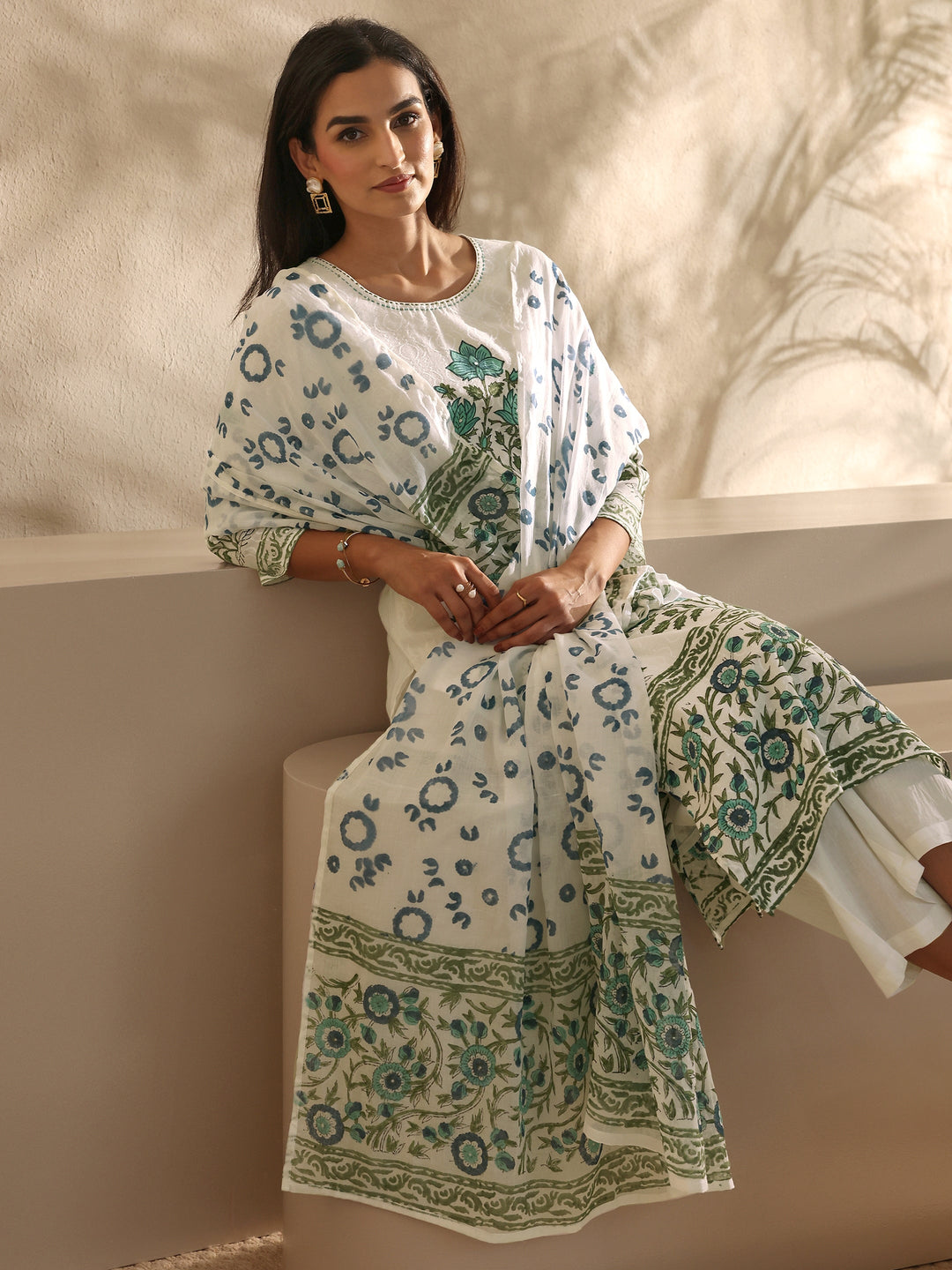White Floral Printed Cotton Straight Suit Set With Dupatta